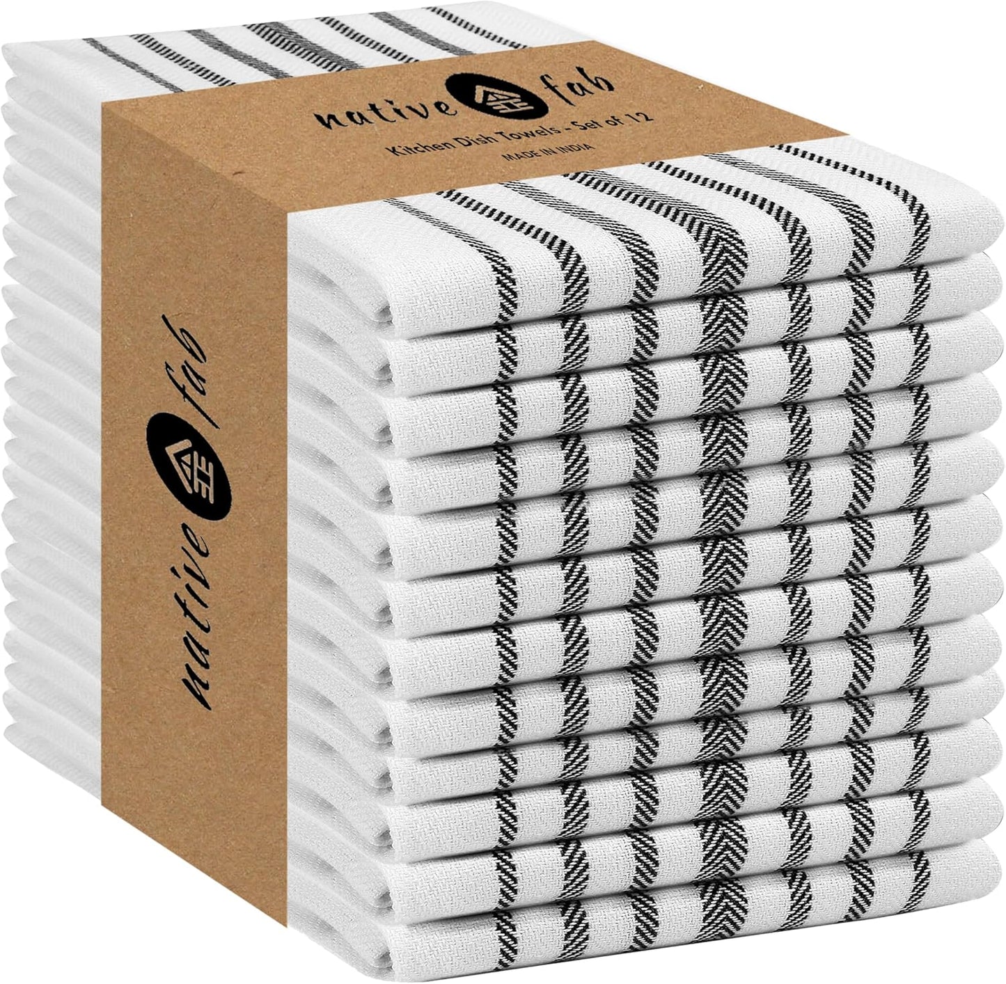 12 Pack 16"x26" Native Fab Black Stripe Kitchen Towels Herringbone Scandia Weave - Super Absorbent Cotton Dish Towels