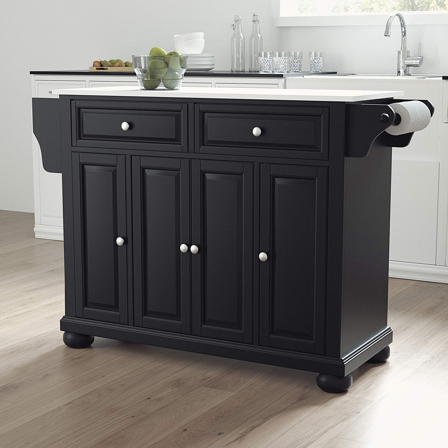 Crosley Furniture Alexandria Stone Top Rolling Kitchen Island Storage Cart, Microwave Stand, Spice Rack, Black