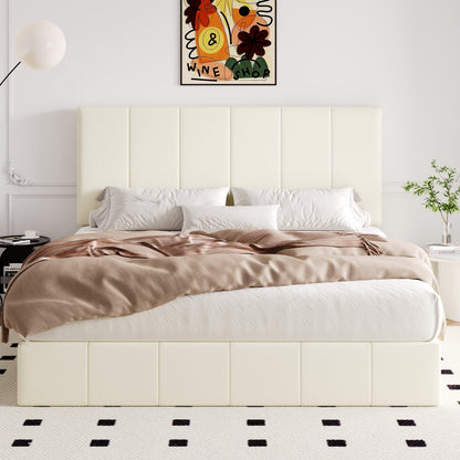 Allewie King Size Velvet Lift Up Storage Bed Frame, Vertical Channel Tufted Headboard, Hydrualic Underneath Storage, Upholstered Platform Bed, Wooden Slats Support, No Box Spring Needed, Cream