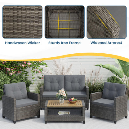 Wisteria Lane 4 Piece Patio Furniture Set, Wicker Outdoor Patio Conversation Furniture Set, All Weather Outdoor Patio Sofa with Cushion and Wood Table, Grey Wood