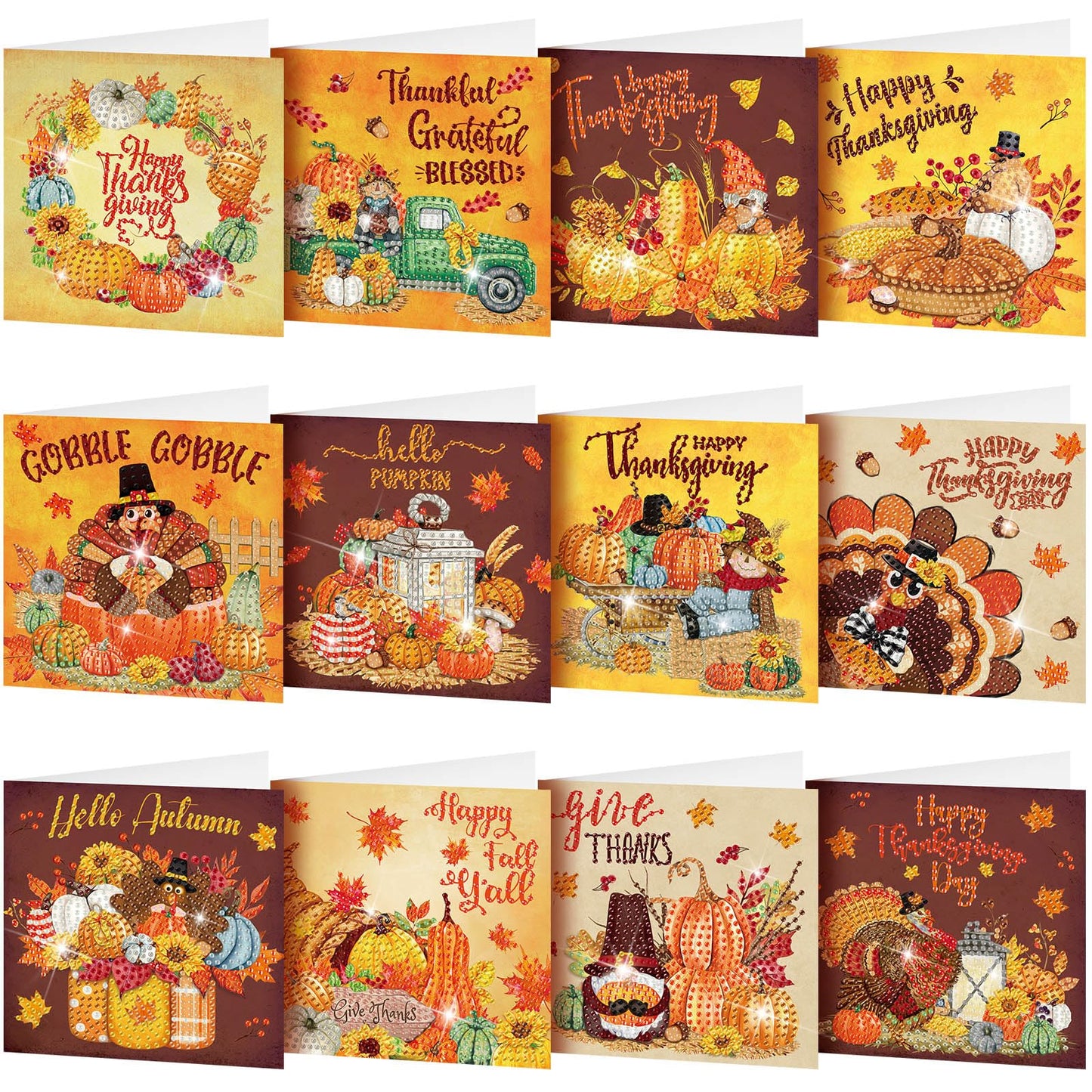 Saillong 12 Pack Thanksgiving Diamond Painting Greeting Card Kits DIY Fall Diamond Art Cards with Envelopes Pumpkin Turkey 5D Rhinestones Paint Card for Adults DIY Crafts Family Friend Birthday Gifts