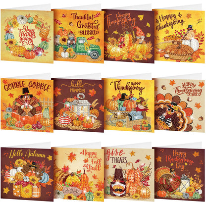 Saillong 12 Pack Thanksgiving Diamond Painting Greeting Card Kits DIY Fall Diamond Art Cards with Envelopes Pumpkin Turkey 5D Rhinestones Paint Card for Adults DIY Crafts Family Friend Birthday Gifts