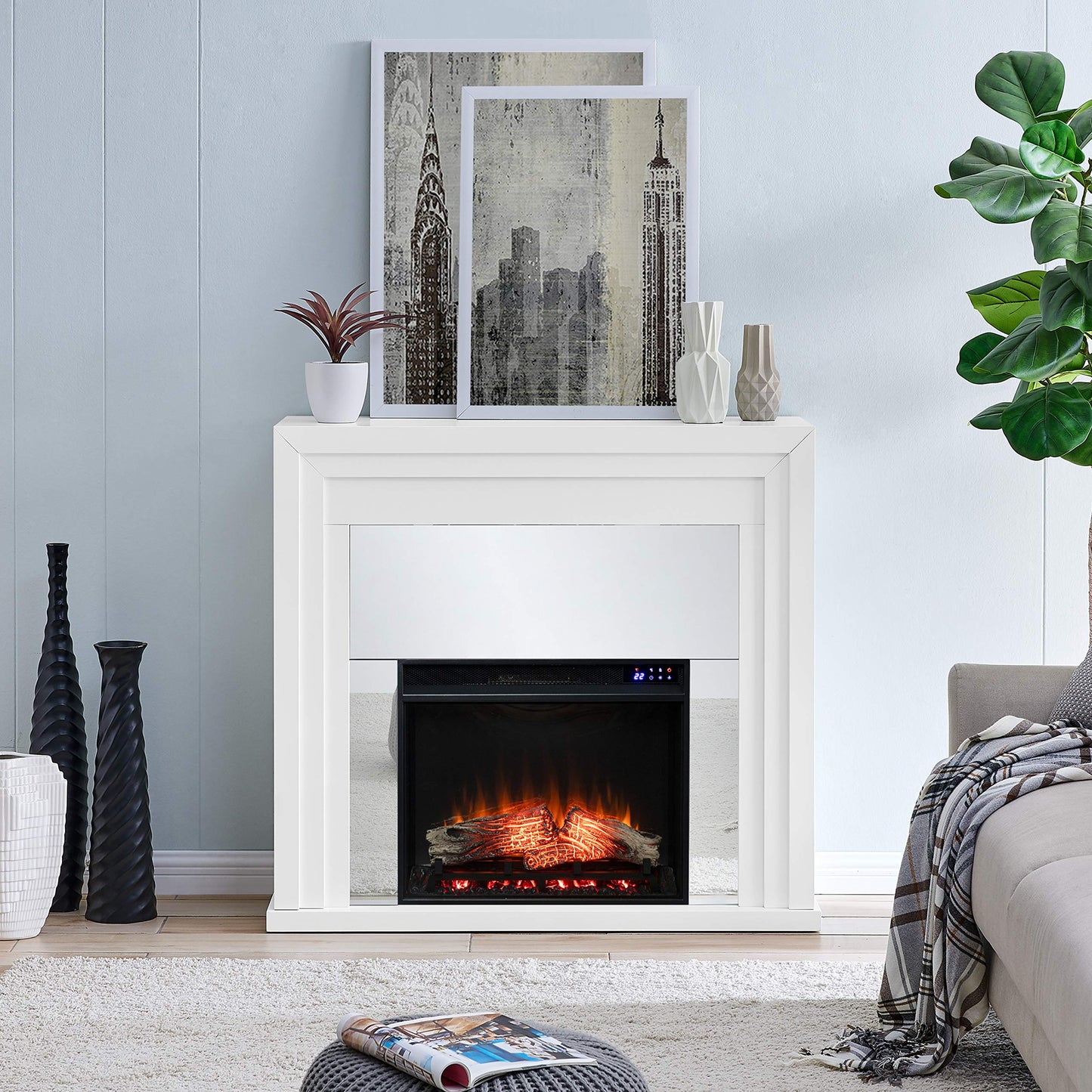 SEI Furniture - Stadderly Mirrored Touch Screen Electric Fireplace - Transitional Design, White Glass and Wood - Ideal for Living Room, Bedroom (FR1009659)