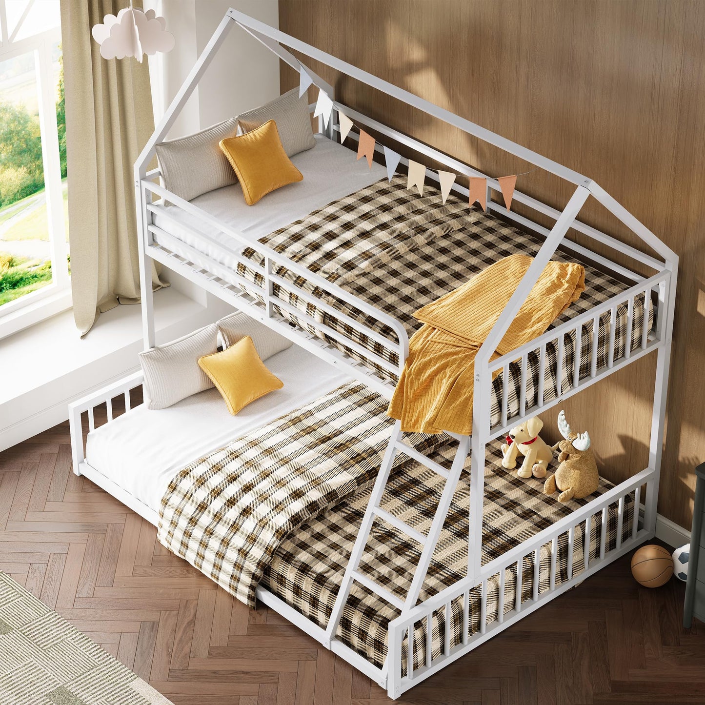 LIKIMIO Bunk Bed Twin Over Full Size, House Bunk Bed Frame with Ladder and Guardrail, House Shaped with Metal Slats Support No Box Spring Needed Space Saving for Bedroom and Dorm, White