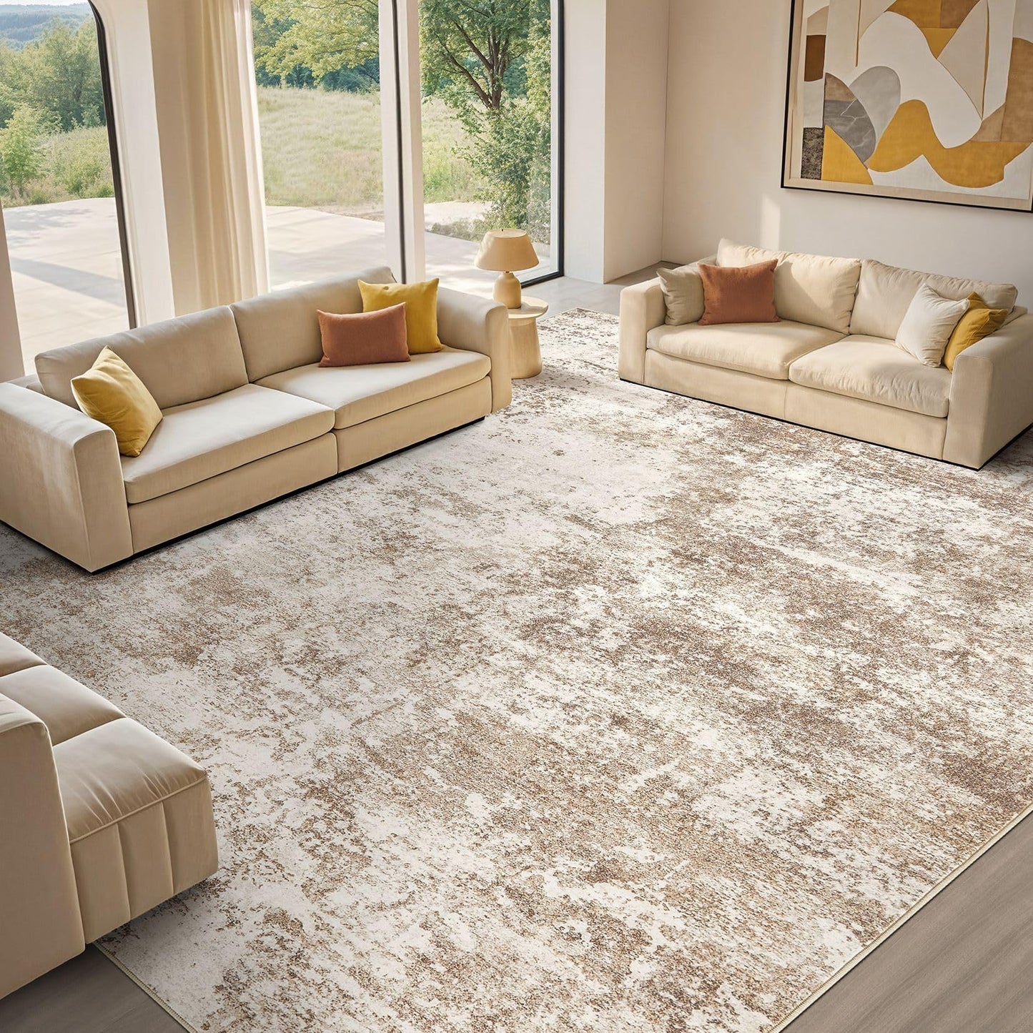 Micgeek Area Rug Living Room - 12X15 Abstract Washable Large Soft Foldable Non Slip Rug Neutral Modern Low Pile Carpet for Bedroom Nursery Dining Room Farmhouse Home Office Indoor - Brown