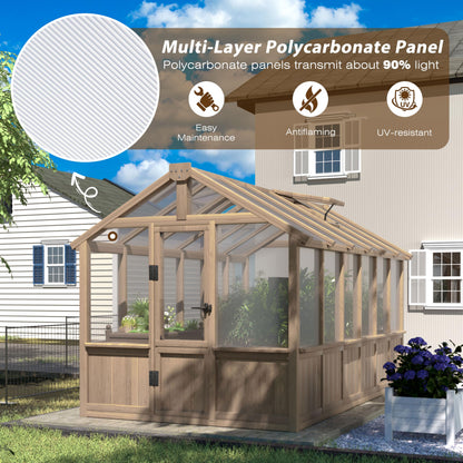 Yardenaler 6x12 FT Greenhouse Kit, Wood Greenhouses with 6MM Thick Polycarbonate Panel for Outdoor, Walk-in Green House with Lockable Door & Adjustable Roof Vent, Backyard, Garden, Light Mocha Brown