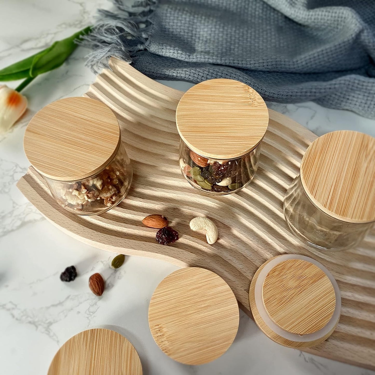 12 pack 5 Oz Oui Yogurt Jar Lids - Oui Lids - Natural Bamboo Wood with Silicone Sealing Rings and Oui Yogurt Bottle