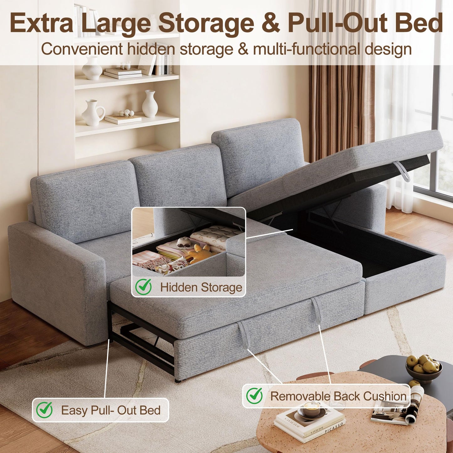 FAVSH 81.5" Convertible L Shaped Sleeper Sofa, 3-Seat Pull Out Sectional Couch with Storage Chaise & Removable Cushions, Chenille Fabric for Small Living Room Apartment, Light Gray