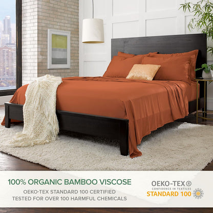 Pure Bamboo Queen Sheets - Luxuriously Soft & Cooling 100% Organic Viscose Bed Sheet Set | Terracotta, Double Stitching