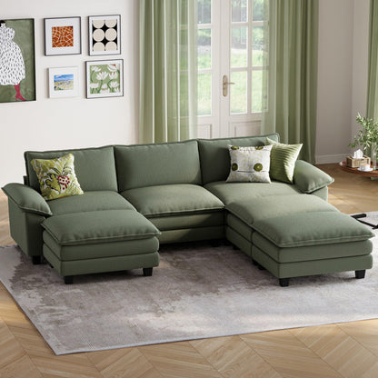 LINSY HOME Modular Sectional Sofa - 123 Inch Oversized Corduroy Cloud Couch with Movable Ottoman Soft Modern Comfy Sofa Set for Living Room Apartment Office, Green