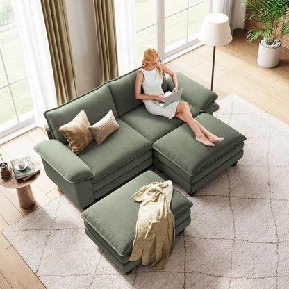 LINSY HOME Modular Sectional Sofa - Oversized Corduroy Cloud Couch with Movable Ottoman Soft Modern Comfy Sofa Set for Living Room Apartment Office, Green