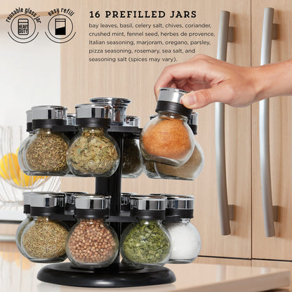 Kamenstein Ellington 16 Jar Revolving Spice Rack with Prefilled Spices - Rotating Chrome and Plastic Countertop Organizer with Sifter Caps and Labeled Lids