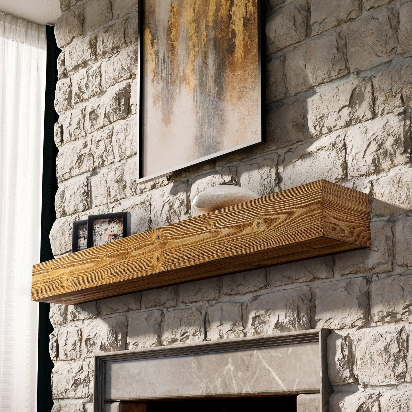 BoscoMondo Fireplace Mantel Shelf with Corbels – Rustic Farmhouse Wooden Mantel, Solid Pine Floating Mantel Shelf for Wall, Decorative Fireplace Mantel for Living Room (60–72”)