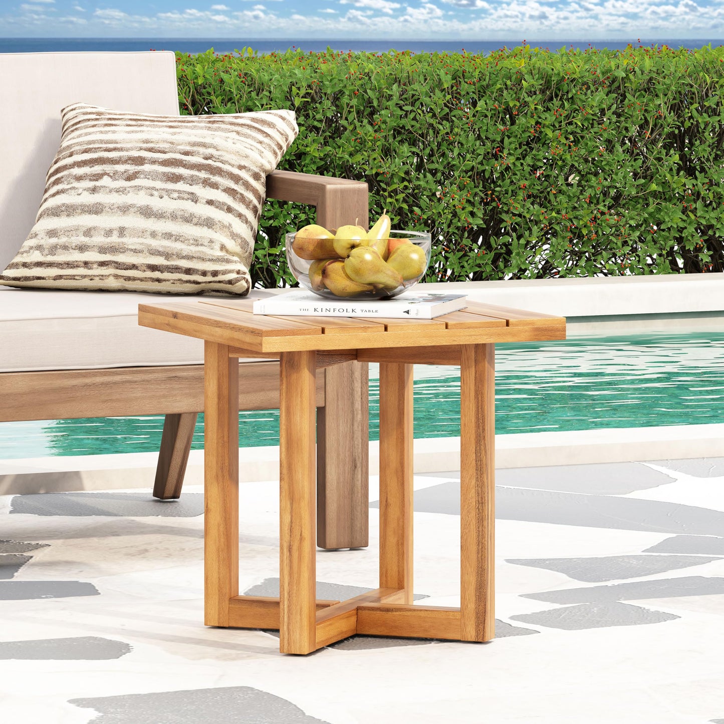 Christopher Knight Home 3-Piece Outdoor Chaise Lounge Chair Set of 2 with Side Table, Acacia Wood Patio Lounge Chairs with Cushion & Wheels, 3-Position Adjustable Beach Backyard Furniture, Beige/Teak