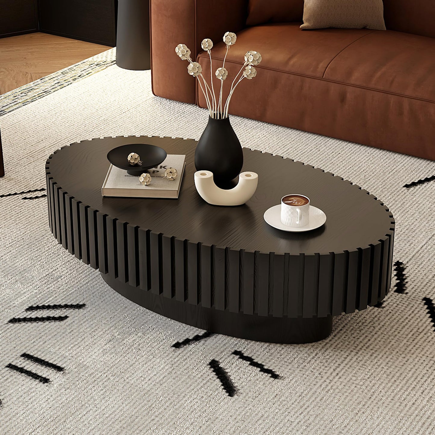 KEIKI 43.31'' Oval Coffee Table, Handcrafted Relief Sturdy Pedestal, Wooden Olive-Shaped Tea Table, Modern MDF & Solid Wood, Open Storage, Easy Assembly for Living Room, Black
