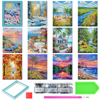 Saillong 24 Pcs Small Diamond Painting Kits Set Mini Diamond Art Set for Beginners, Full Paint Art 1-Hour Painting for Home Decor Desktop, 5.12x3.94 Inches(Landscape)