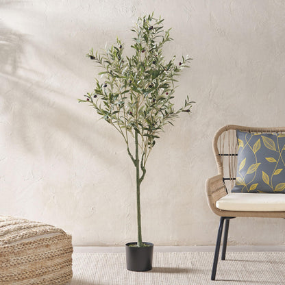 Artificial Olive Tree, Faux Potted Plant with Realistic Leaves and Olives, 59 Inch Tall, Indoor Decor