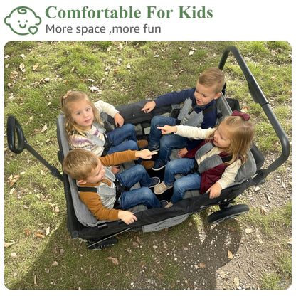 MomZi 4 Seater Wagon Stroller for Kids, Collapsible Wagon Stroller with Removable Canopy, Foldable Stroller Wagon with Seat and Storage Pocket for Baby Toddlers Black