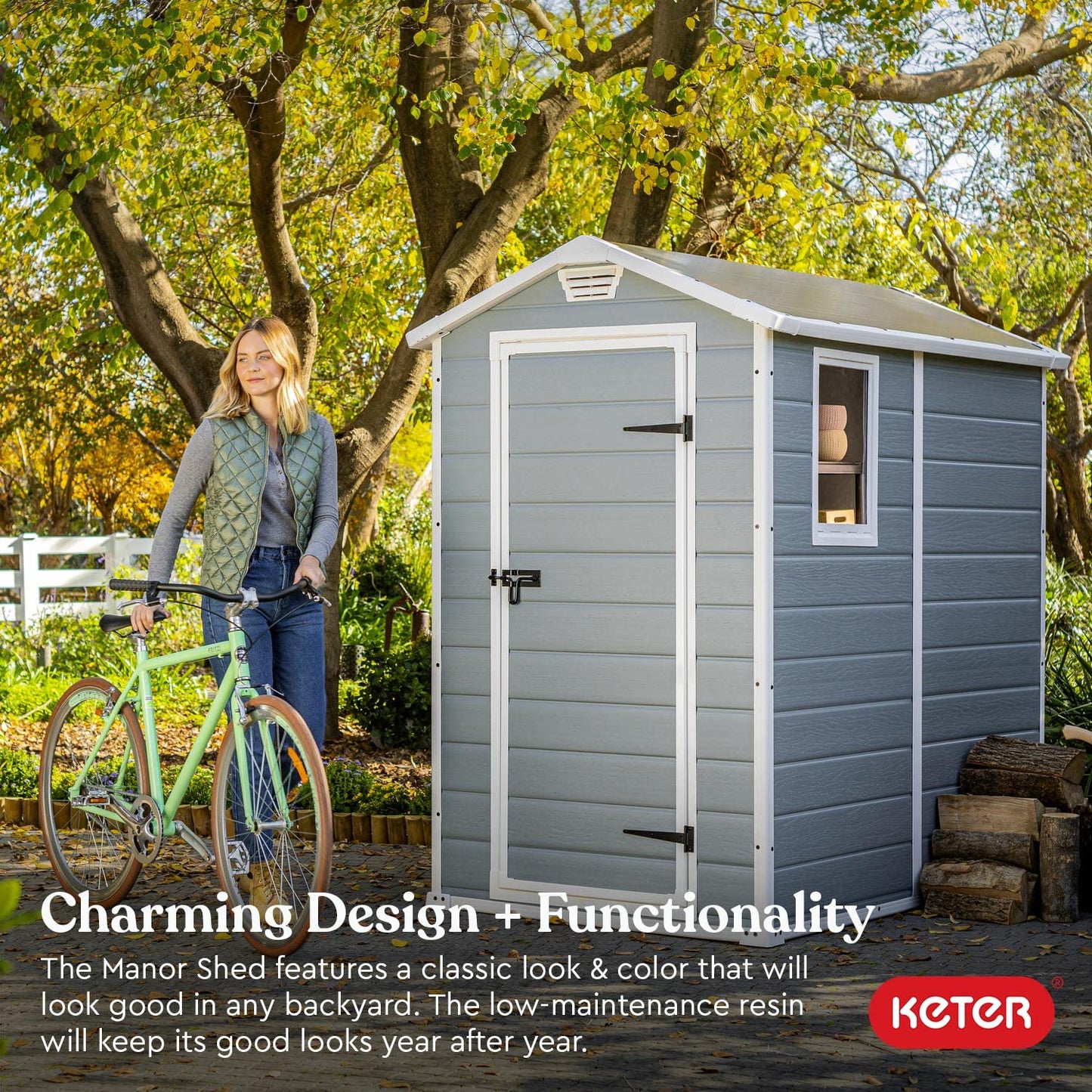 Keter Manor 4x6 Resin Outdoor Storage Shed Kit-Perfect to Store Patio Furniture, Garden Tools Bike Accessories, Beach Chairs and Lawn Mower, Grey & White