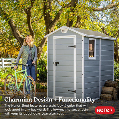 Keter Manor 4x6 Resin Outdoor Storage Shed Kit-Perfect to Store Patio Furniture, Garden Tools Bike Accessories, Beach Chairs and Lawn Mower, Grey & White