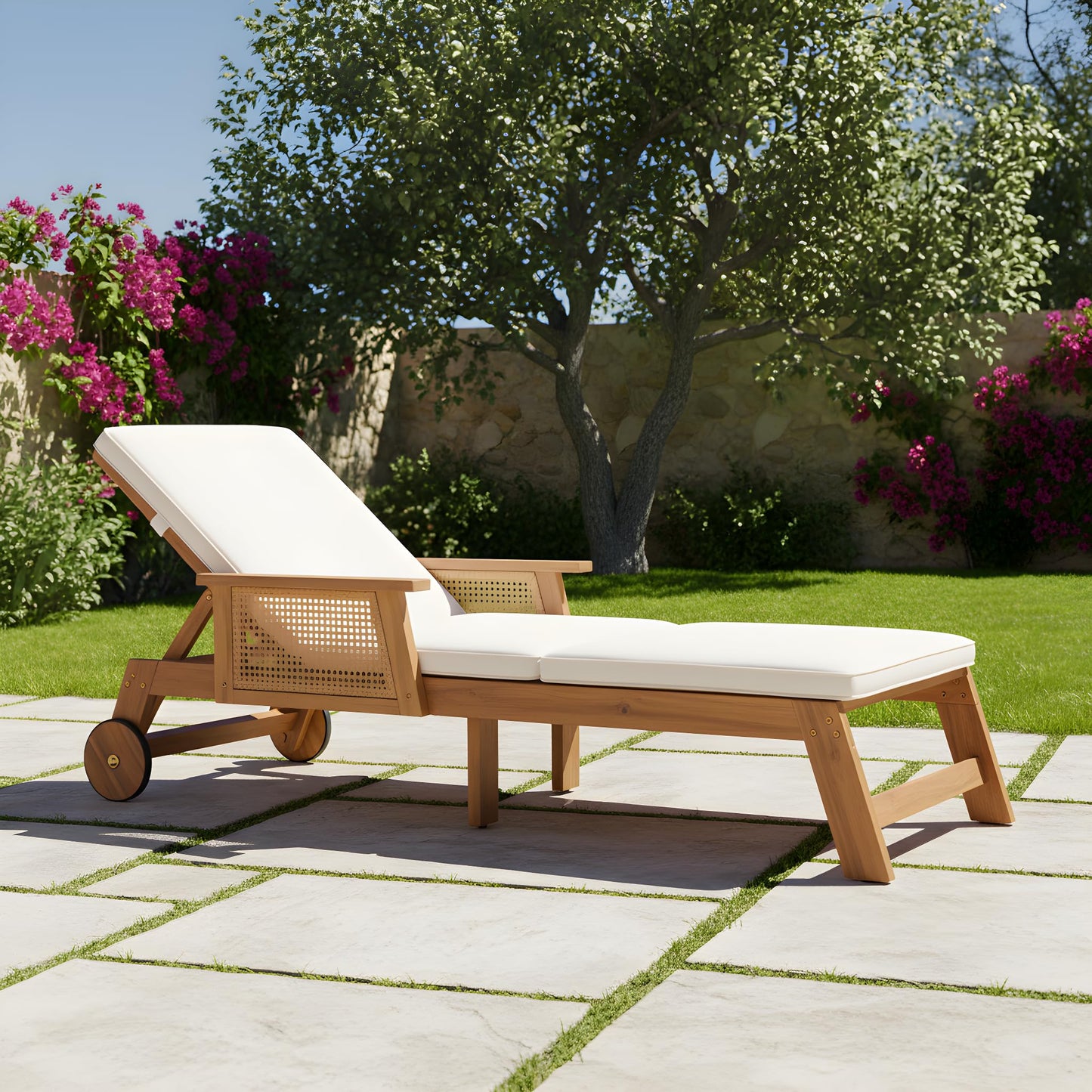 Christopher Knight Home Revia Chaise Lounge Outdoor with Wheel and Armrests, Acacia Wood Patio Chaise Lounge with Cushion, Adjustable Backrest Poolside Sun Lounger, Sunbathing Chair, Teak+Light Beige