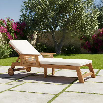 Christopher Knight Home Revia Chaise Lounge Outdoor with Wheel and Armrests, Acacia Wood Patio Chaise Lounge with Cushion, Adjustable Backrest Poolside Sun Lounger, Sunbathing Chair, Teak+Light Beige