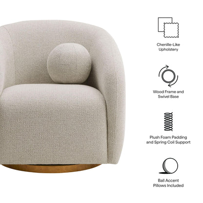 Modway Holland Curved Swivel Armchair in Dove Gray – Chenille Fabric Barrel Chair with Ball Throw Pillow and Wood Base – Mid-Century Modern Curved Living Room Accent Chair