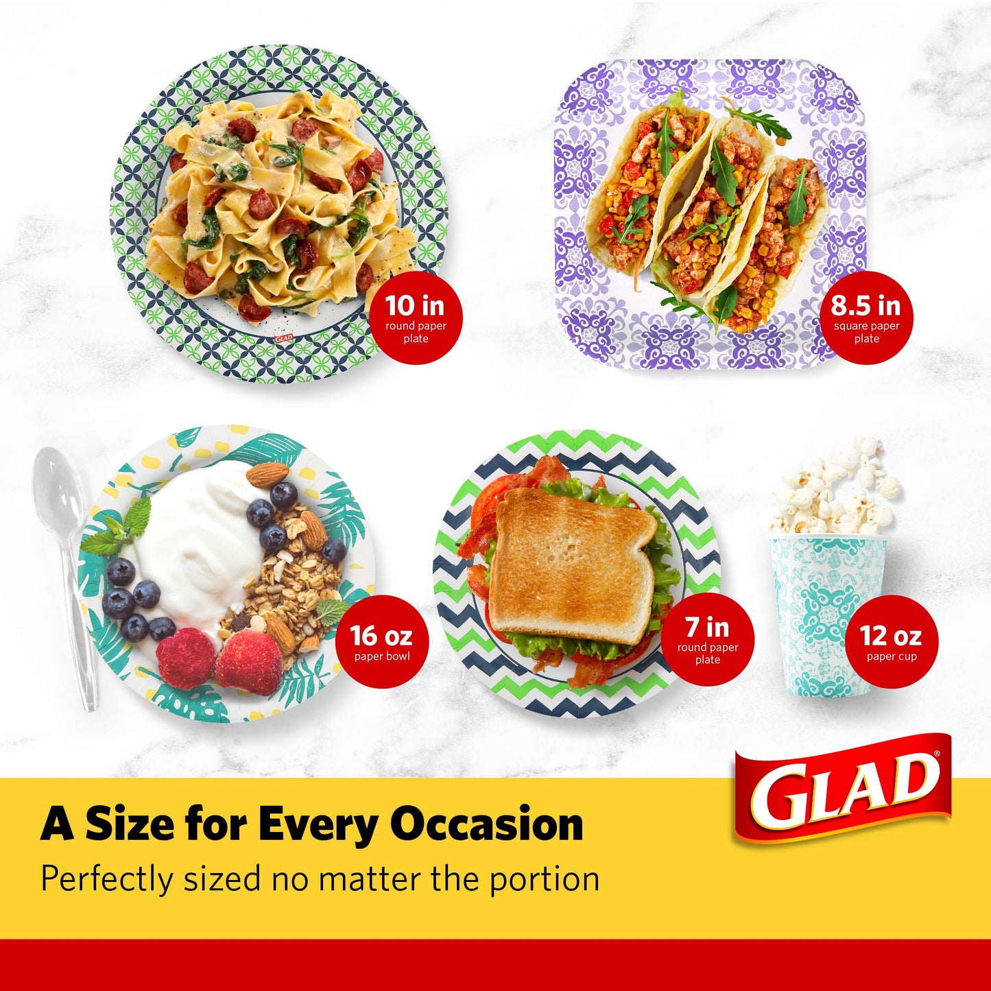 Glad Round Disposable Paper Bowls, Blue Mosaic Design - Heavy Duty, Soak-Proof, Cut-Resistant, Microwavable Paper Bowls for All Foods, Daily Use, and Special Occasions, 16 oz, 50 Count - 6 Pack