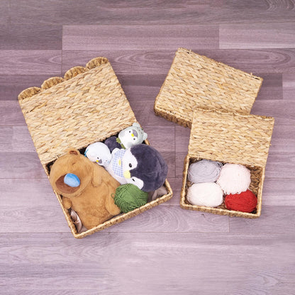 Set 3 LUSYDECO of Scalloped Edge Wicker Basket with Lid, Rectangle Wicker Storage Basket with Built-in Handles