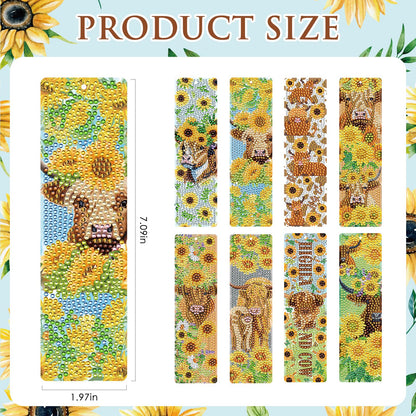 INCOK Diamond Painting Bookmarks Set - 8PCS Highland Cow 5D Diamond Art Bookmarks Kit with Tassel Sunflower Bookmarks Set for Highland Cow Lover Office Useful Project DIY Crafts Gifts Teacher