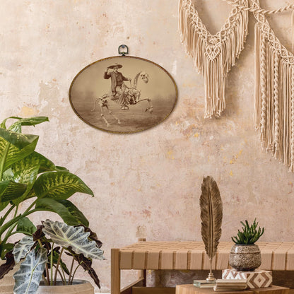kdqua Funny Western Cowboy Skeleton Oval Wall Art Decor, Western Canvas Artwork Framed, Rustic Spooky Skeleton Skull Wall Hanging Decorations for Home Living Room Bedroom, 11.4x8.6 Inch