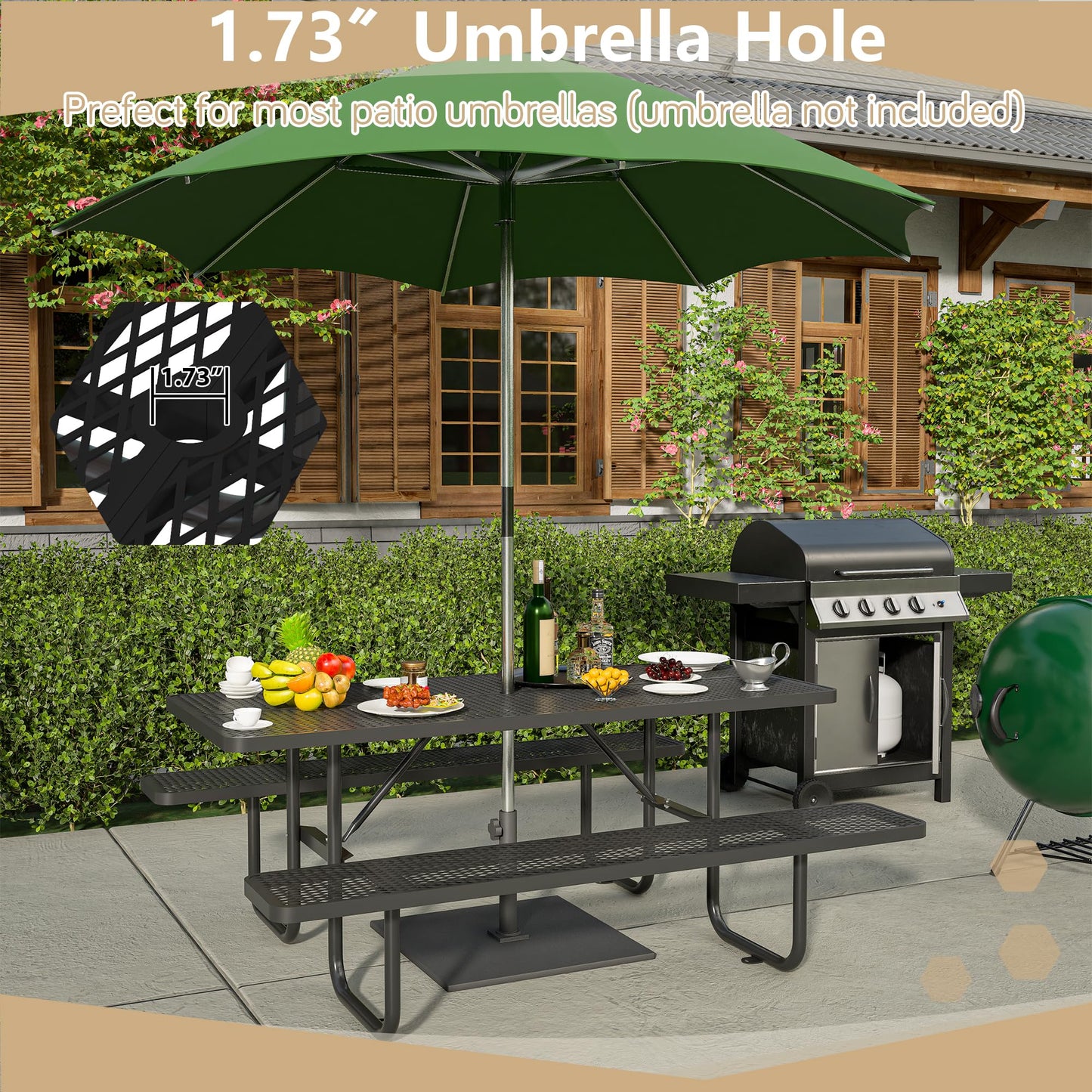 Dvasovio 72 Inch Rectangular Metal Picnic Table with 1.73" Umbrella Hole, Heavy-Duty Steel Mesh Table Set, Weather Resistant Sturdy Outdoor Furniture, for Patio, Garden, Courtyard & BBQ, Black