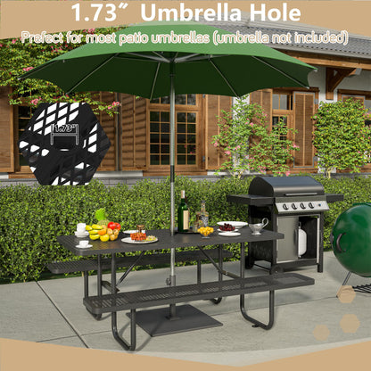 Dvasovio 72 Inch Rectangular Metal Picnic Table with 1.73" Umbrella Hole, Heavy-Duty Steel Mesh Table Set, Weather Resistant Sturdy Outdoor Furniture, for Patio, Garden, Courtyard & BBQ, Black