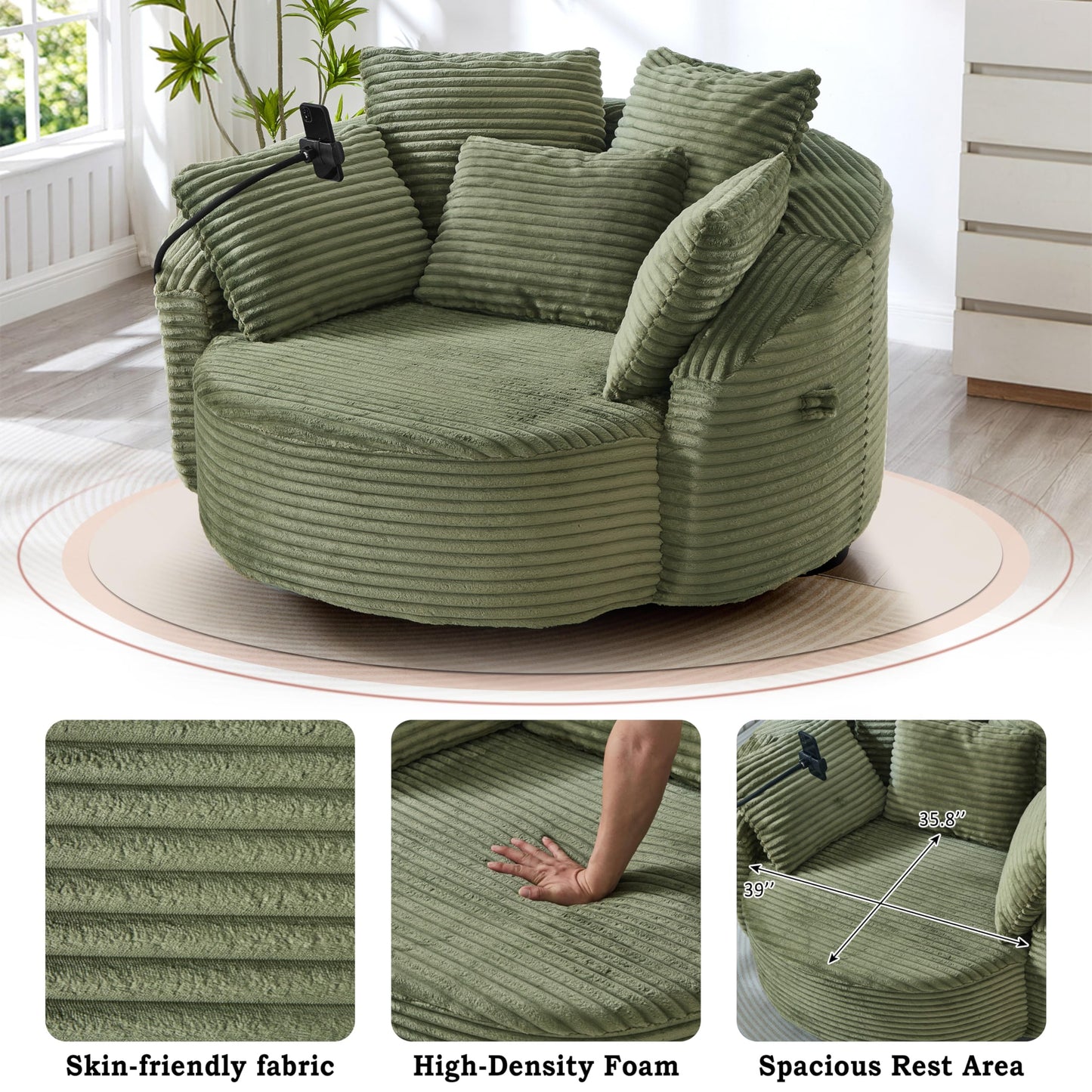 ERYE 360° Swivel Accent Barrel Chair Round Sofa Chaise with 5 Pillows and Adjustable Phone Holder, Modern Round Lazy Armchair for Living Room, Bedroom, Office and Hotel
