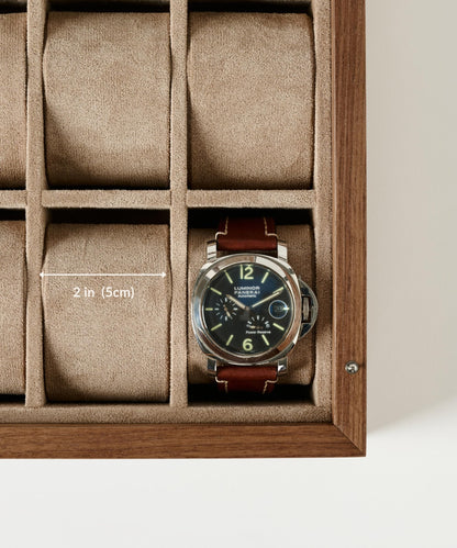 TAWBURY Wooden Watch Case - 12 Slot Wood Watch Box for Men & Women with Glass Display, Protective Fully Lined Interior and 2-inch Wide Pillows for Small & Large Watches (Classic Walnut)