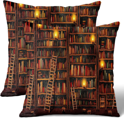 18x18 Inch Set (Pack 2) Linen Throw Pillow Covers of - Retro Bookshelf, Vintage Grand Library Premium Couch Cushion