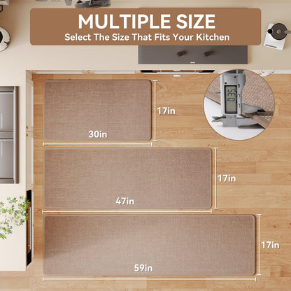 YDKGL Kitchen Mat Kitchen Rugs Sets of 2 PCS Non Slip Washable, Linen-Like 0.3" Thick Cushioned Absorbent Kitchen Mats for Floor, Mild Anti-Fatigue Sink Laundry Standing Mat, Brown 17"x30"+17"x59"