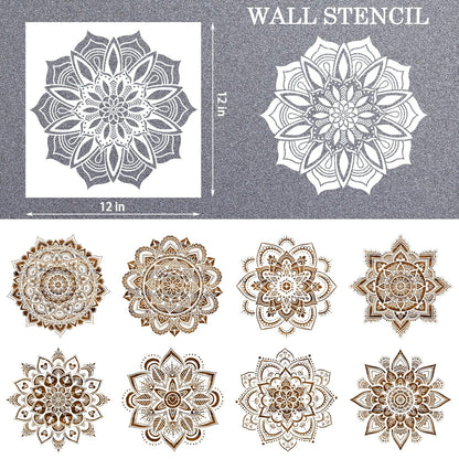 9-Piece Mandala Stencil Set - Reusable Mandala Painting Templates for DIY Wall, Tile, Furniture, Canva, Outdoor & Indoor Decoration