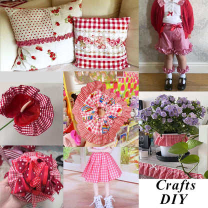 Gingham Ruffle Pleated Lace Trim 1.67" x5yd Gathered Gingham Ribbon Fabric Edge Trimming for Home Decor Merch (Red)