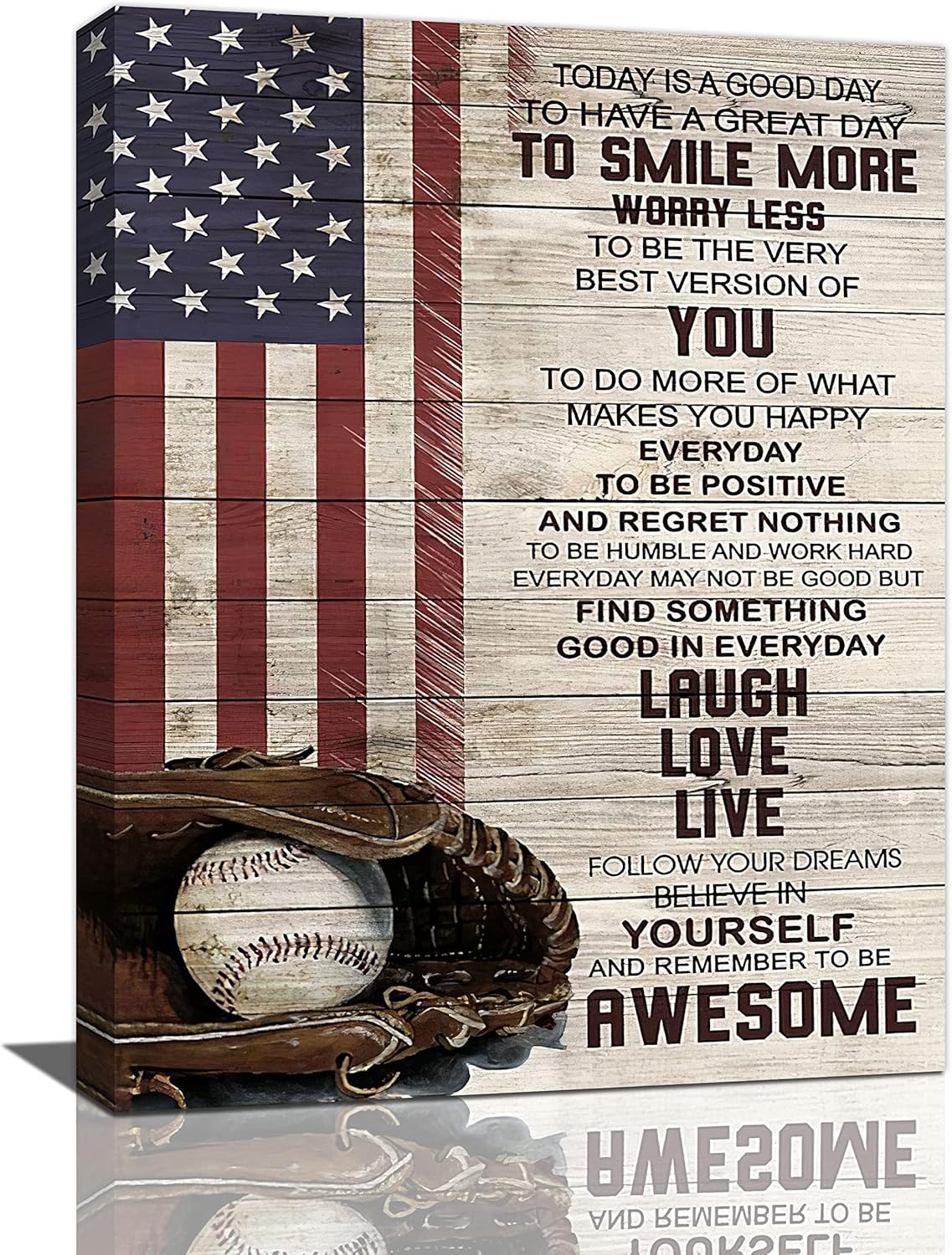Inspirational Baseball Wall Art - Sport Theme Canvas Prints with American Flag, Motivational Quotes for Home Decor