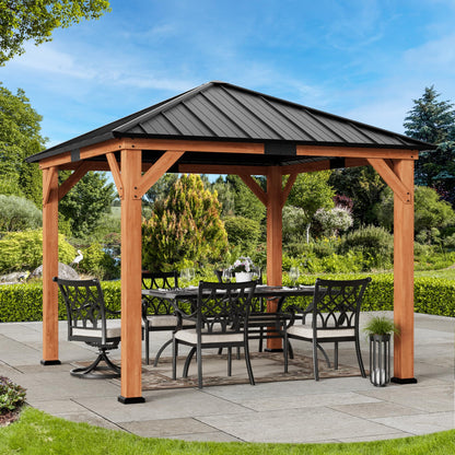 Modern Shade Tranquil Grove Wood Gazebo 10' x 10', Hardtop Gazebo Permanent with Galvanized Steel Roof, Cedar Outdoor Gazebo with Sturdy Hooks for Garden, Backyard, Patio and Deck