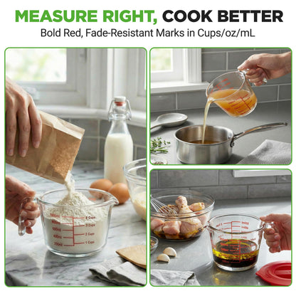 NutriChef 1,2 and 4 Cups Glass Measuring Cup Set with Lids (8, 17 and 34 oz) - Heat-Resistant Borosilicate Liquid Measure Cups with Easy-Read Scale for Cooking, Baking & Food Storage, Dishwasher Safe