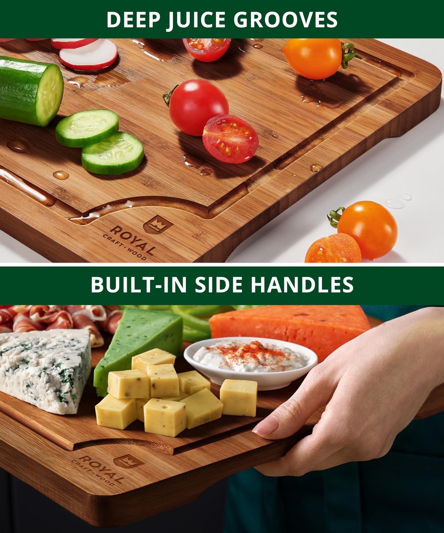 ROYAL CRAFT WOOD Wooden Cutting Boards for Kitchen Meal Prep & Serving - Bamboo Wood Serving Board Set with Deep Juice Groove Side Handles - Charcuterie & Chopping Butcher Block for Meat