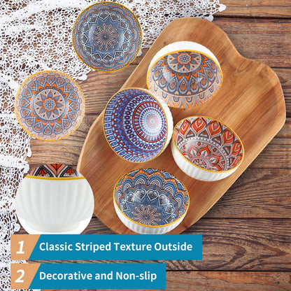 Sanbege Ceramic Rice Bowls 10 oz, Bohemian Style Bowl Gift Set, Assorted Dinnerware Serving Bowls for Cereal, Soup, Dessert, Snack, Fruit, Salsa, Pack of 6 (Geometric Pattern)
