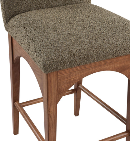 Meridian Furniture 399Olive-C Waldorf Collection Art Deco Stool with Rich Olive Green Boucle Fabric, Solid Ash Wood, Walnut Brown Finish, Counter Height Stool, 18" W x 20" D x 37" H, Olive