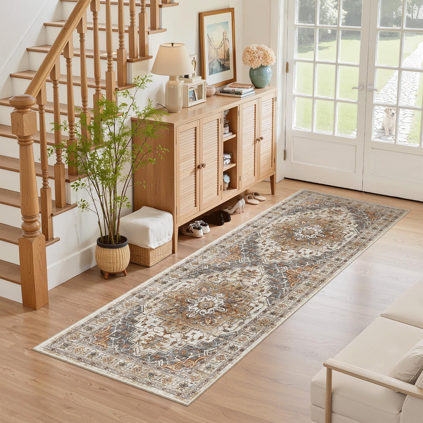 Madane Washable Runner Rug - 2x6 Rug Runners for Hallways 6 Feet Non Slip Vintage Kitchen Runner Rug Ultra-Thin Bathroom Runner Rugs Carpet Laundry Room Bedroom (2x6ft, Turmeric/Grey)