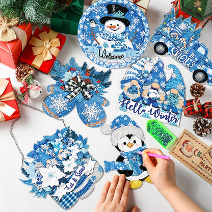 Zonon 6 Pcs Winter Diamond Painting Hanging Sign Set 5d Snowman Diamond Art Set for Adults DIY Gnome Art Pendant Ornaments Kits Acrylic Winter Tree Wreath Truck for Wall Window Decor