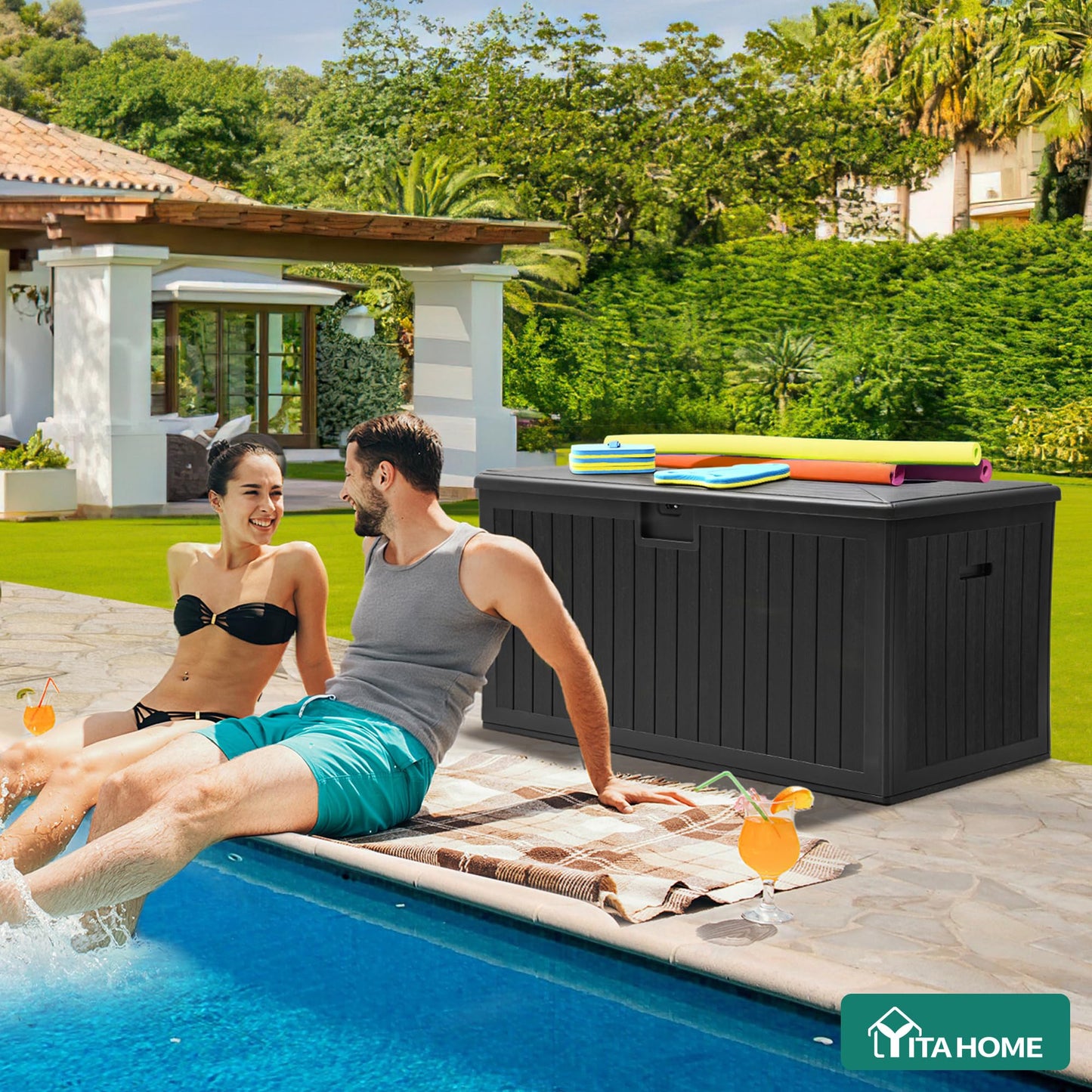 YITAHOME 180 Gallon Double-Wall Deck Box with Side Handles, Outdoor Large Storage for Patio Furniture Cushions, Garden Pool Accessories, Water Resistant & Lockable