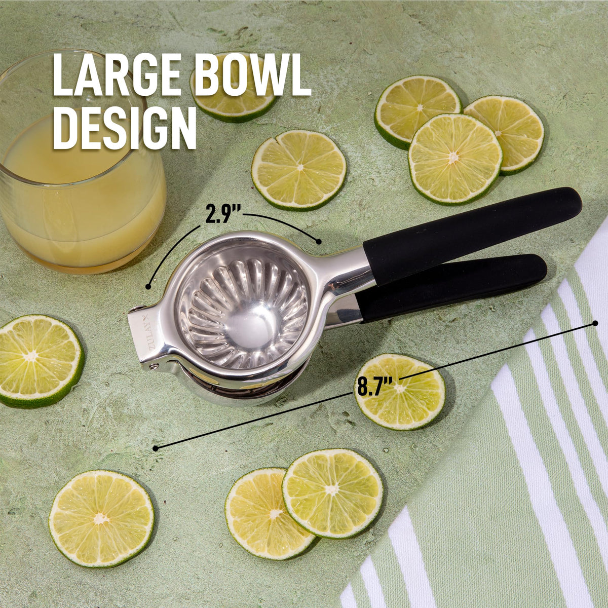 Zulay Lemon Squeezer Stainless Steel with Premium Heavy Duty Solid Metal Squeezer Bowl (Black Grip, Large)
