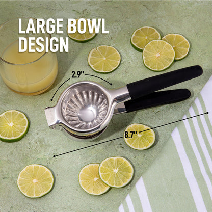 Zulay Lemon Squeezer Stainless Steel with Premium Heavy Duty Solid Metal Squeezer Bowl (Black Grip, Large)